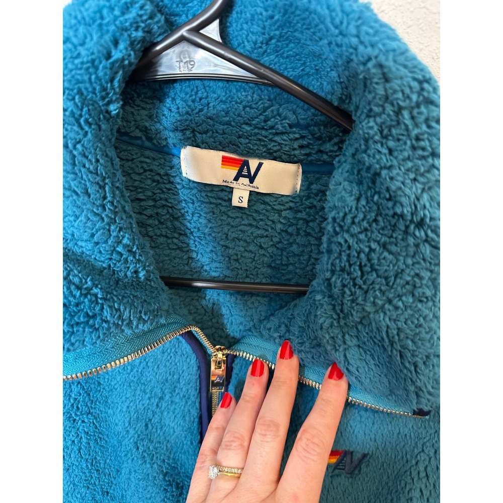 Aviator Nation Womens Sherpa Fleece Half Zip Pullover Teal Navy Blue Small S‎ - Picture 2 of 3